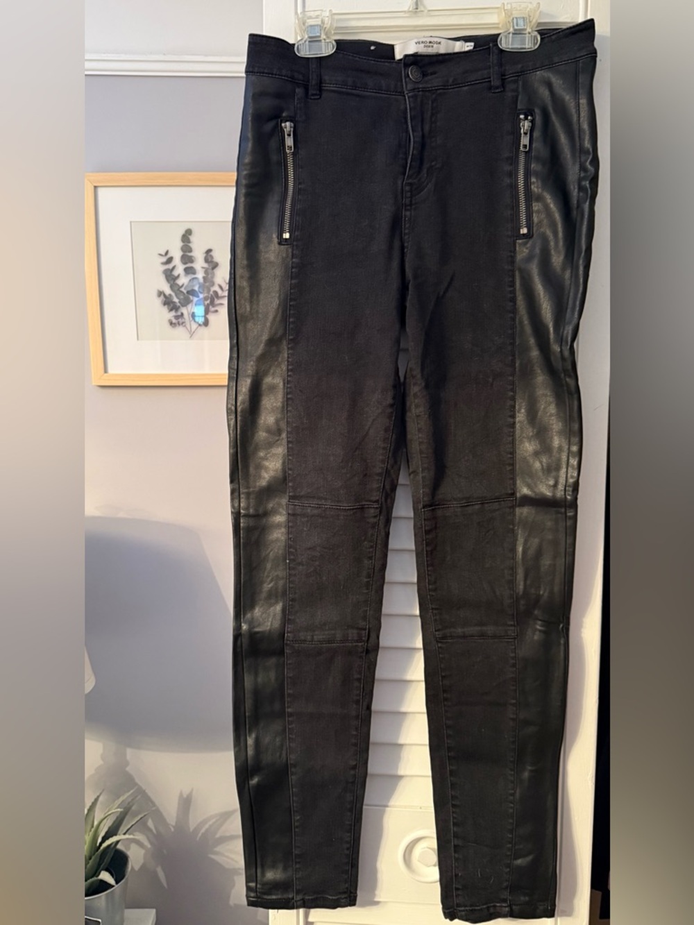 Vero Moda Black Denim High-Rise Jeans With Leather Sides